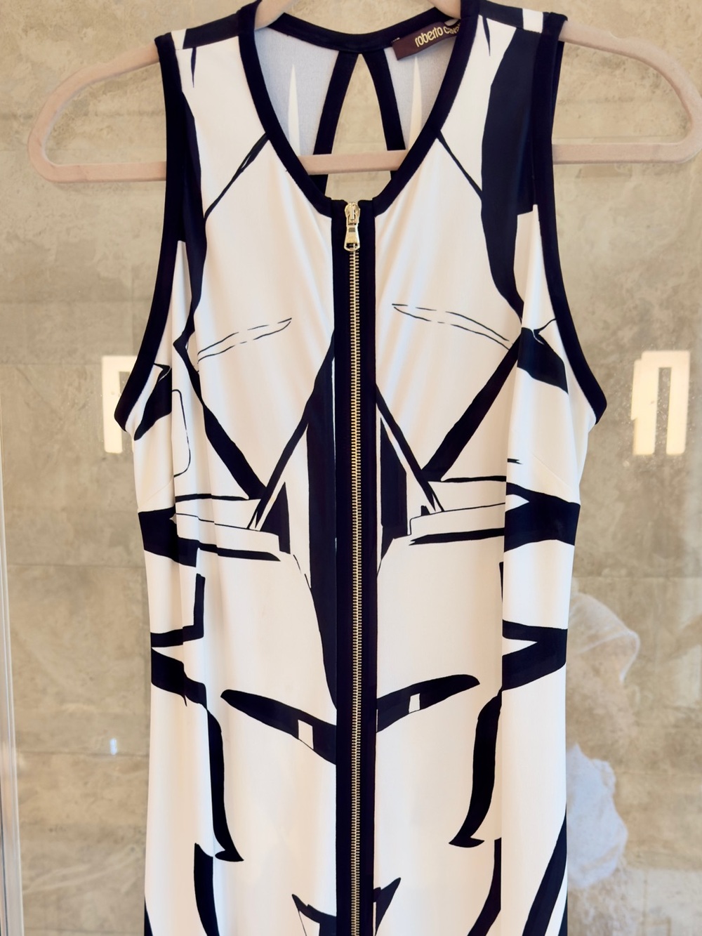 Roberto Cavalli Sleeveless Black & White Zip-Front Midi Dress